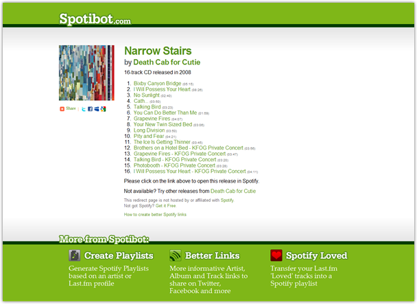 Improved Spotibot Spotify link to Death Cab for Cuties' 'Narrow Stairs'